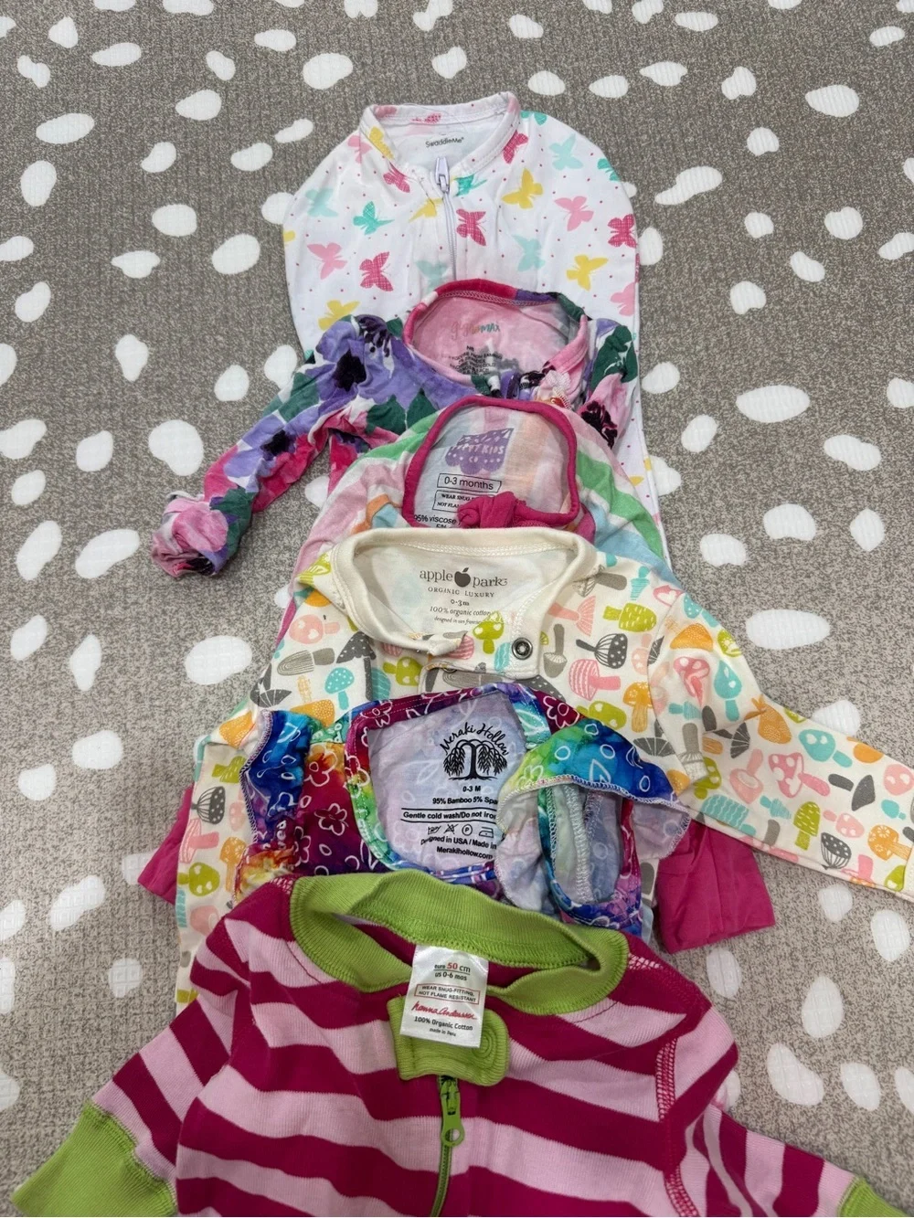 Lot of 6 bamboo newborn baby girl footies gown swaddle zippy onesie colorful